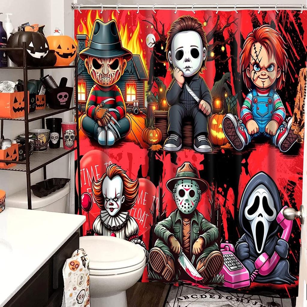 Halloween Joker Disegno Animato Tenda da Doccia Set Bagno Impermeabile Antiscivolo Tappetino Bagno WC Con 12 Ganci Decorazioni per la Casa