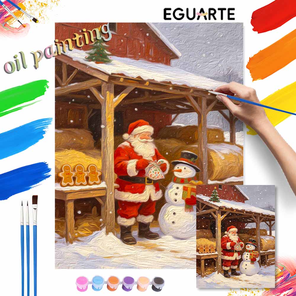 Christmas digital painting oil painting art Santa Claus snowman gingerbread house winter farm landscape kit hand painting home decoration painting