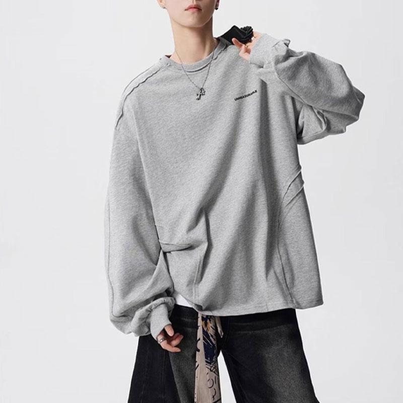 Ретро Мужская Минималистичная Свободная Лонгслив Футболка Повседневная Свободного Кроя Однотонная Черная Базовая Футболка L