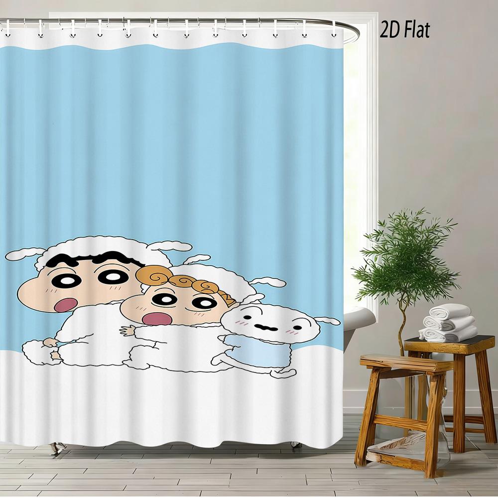 Crayon Shin-Chan & Shiro Best Friend Flying Scene 2D Print Waterproof Shower Curtain, Sweet Pink With Clouds & Daisies Bathroom
