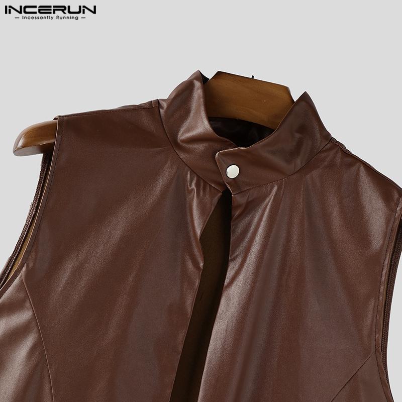 INCERUN Men Stand Collar Sleeveless PU Faux Leather Open Front Casual Long Maxi Cardigan Coats
