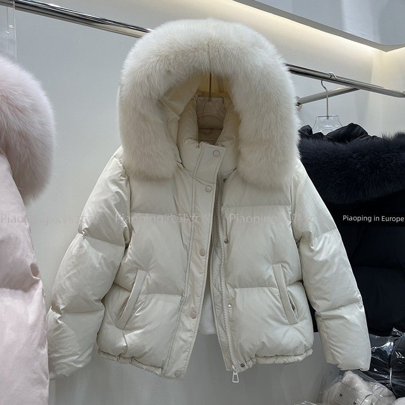 

2024 Зима Новое поступление K-стиль Лисий большой меховой воротник Толстая пуховая куртка Женская Короткая Свободная Повседневная Теплая Куртка с капюшоном Beige White XS
