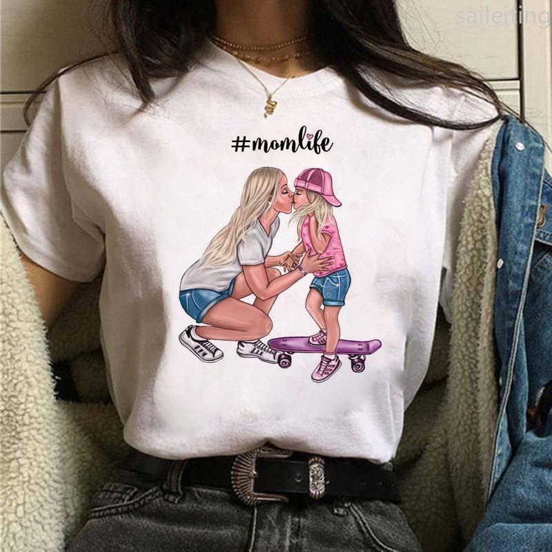 Women T-shirts Cute Mom and Daughter Black Summer Short Sleeve Female Tops Summer Sleeved Harajuku Streetwear Tops Tees