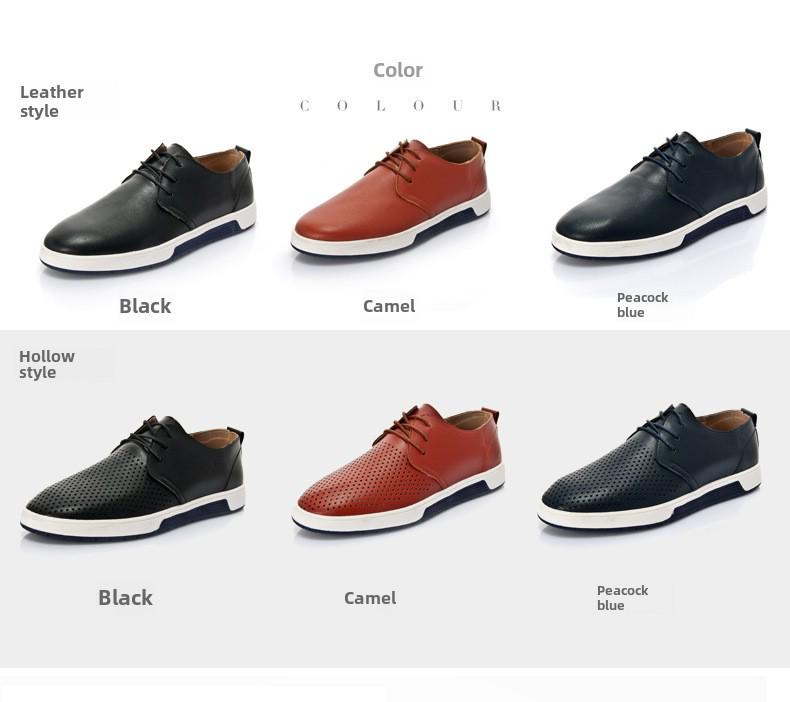 Men's British Style Summer Leather Shoes: Hollow Design, Large Size, Round Toe for Casual and Business Wear.
