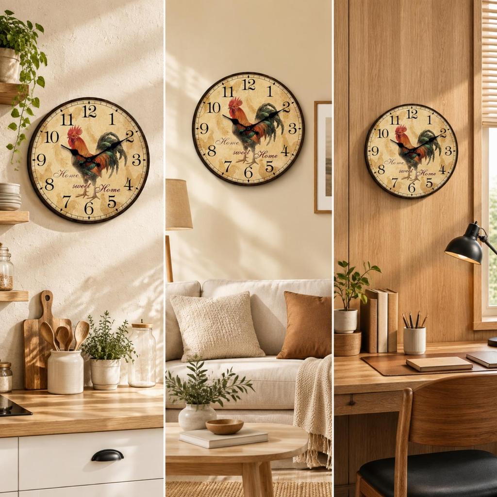 Decorative Wall Clock with Cockerel Illustration Accurate Time for Kitchen