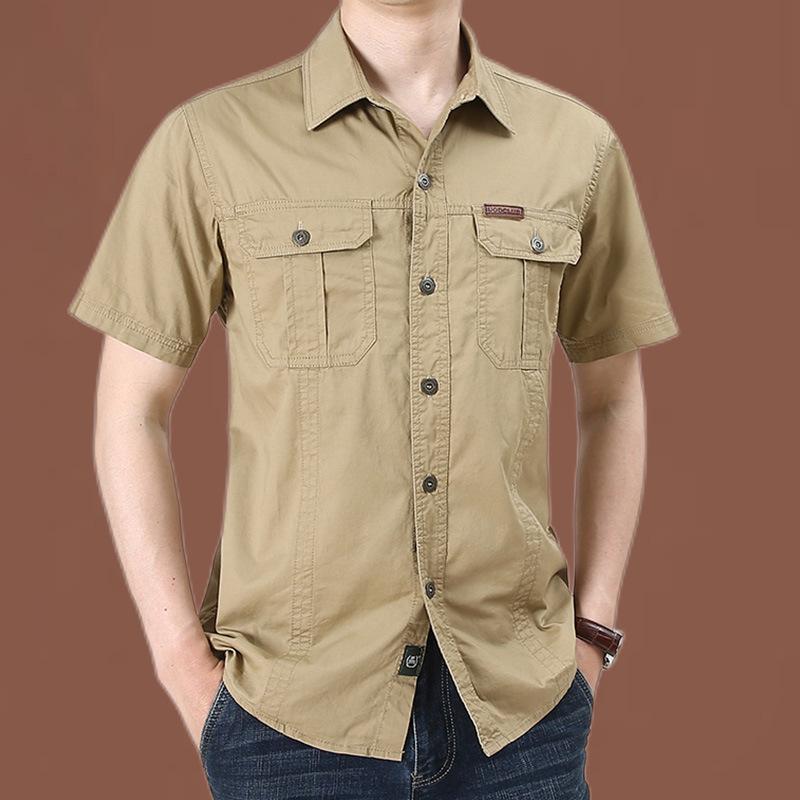 Men's Summer Military-Style Cotton Short-Sleeve Shirt - Casual, Lightweight, Multi-Pocket, Plus Size Workwear