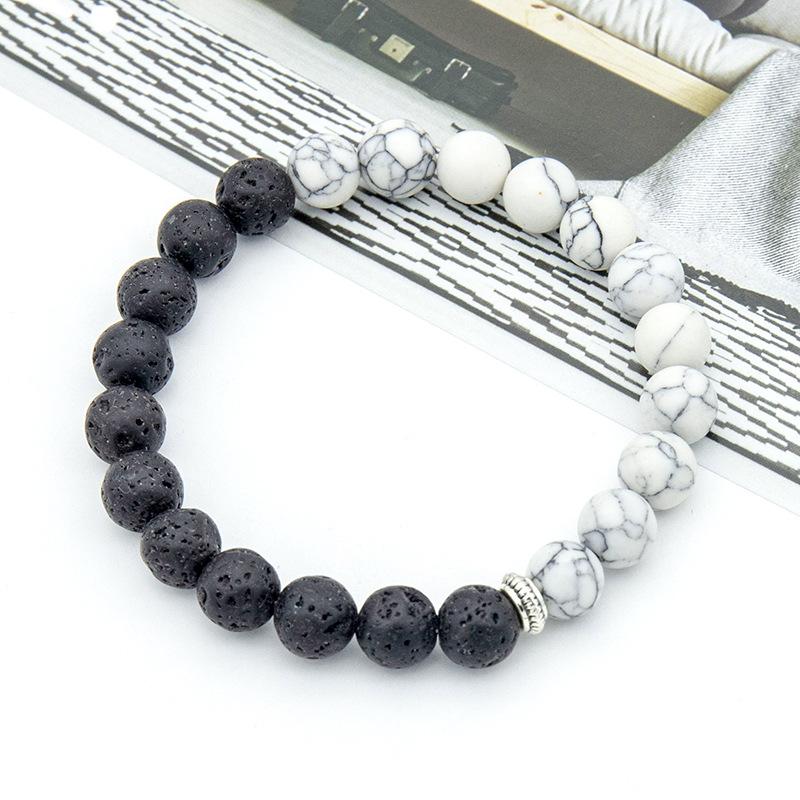 Volcanic Stone Bracelet Natural Lava Rock Beads with White Howlite Silver Spacer Elastic Stretch Unisex Jewelry