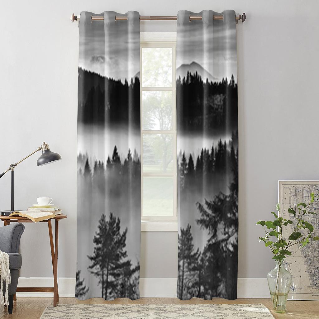 Black And White Fog In Mountains Window Curtains For Living Room Bedroom Luxury Modern Kitchen Curtains Fabric Drapes