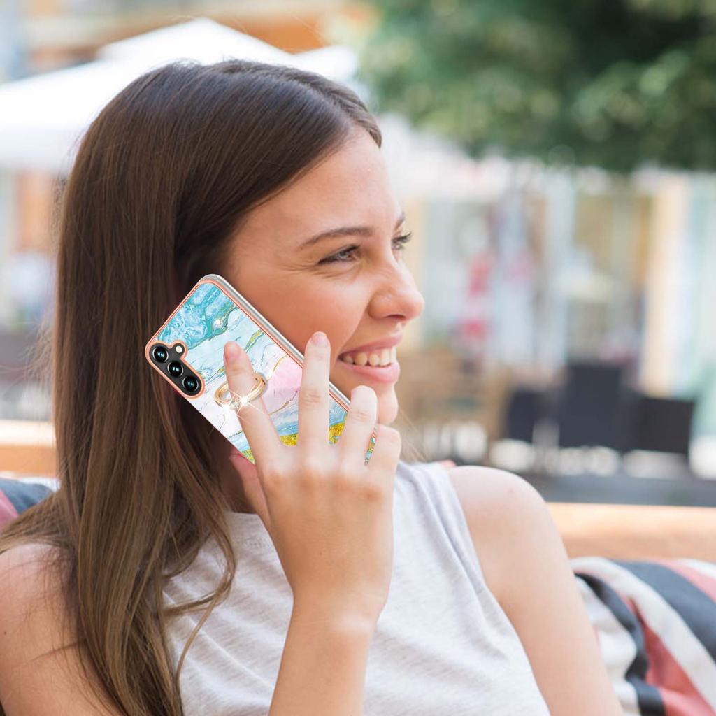 For Samsung Galaxy A35 5G Case with Ring Kickstand Marble Pattern Electroplating TPU Back Cover