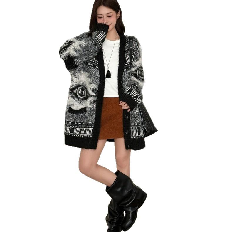 European & American Style Color Block Knitted Cardigan - Women's Mid-Length Autumn/Winter Sweater Coat