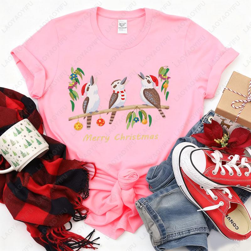 Womens Australian Kookaburra Bird Print TShirt Merry Christmas Australian Theme Tops Casual Blouse for Christmas Party Outfits
