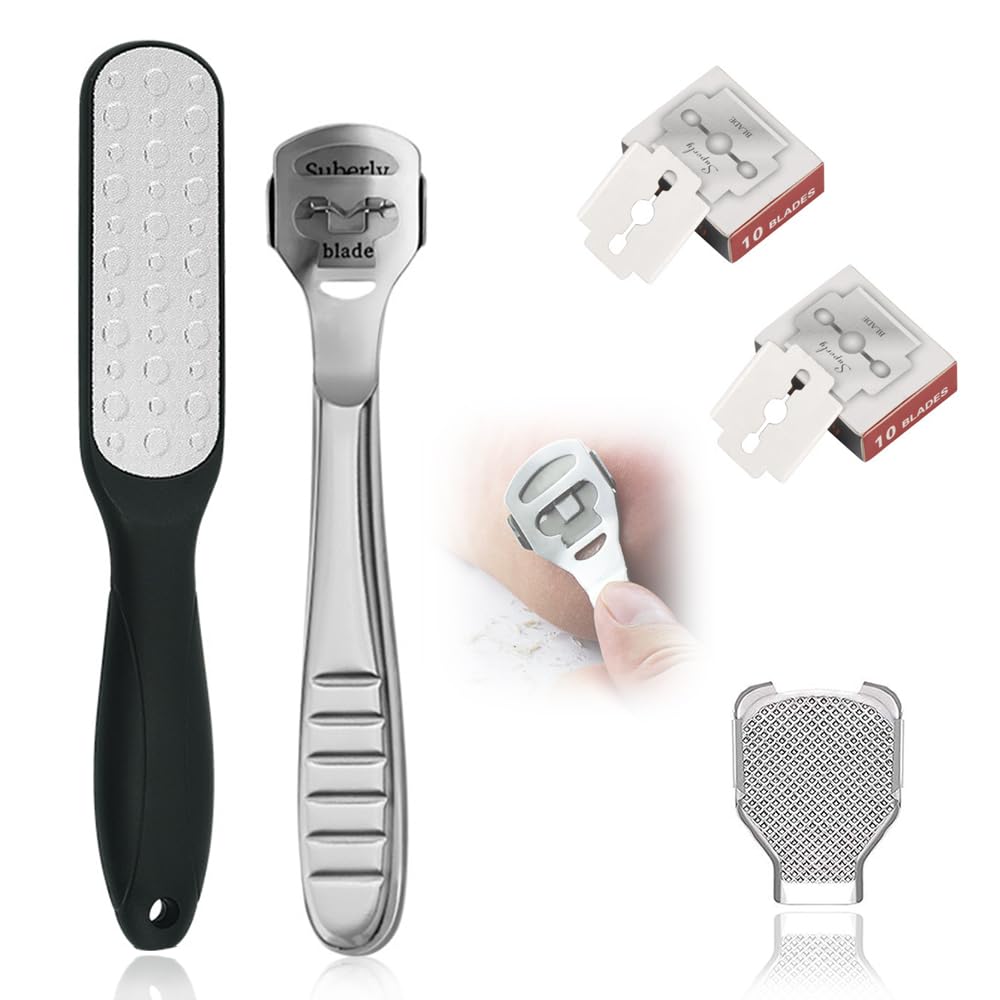 

MILANQW Callus Remover Set Heel and Sole Care Includes Stainless Steel Cutter 20 Replacement Blades Safety Individually Packaged 4-Piece