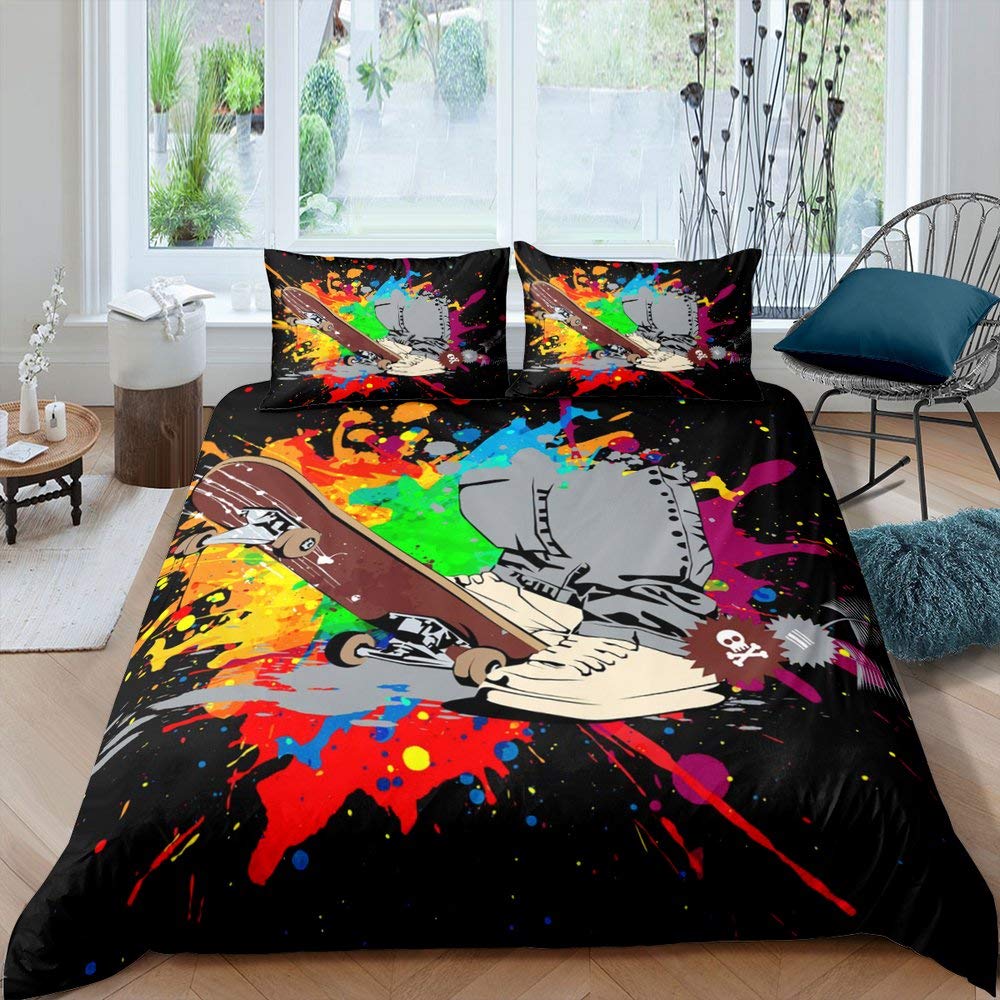 Skateboard Duvet Cover Set Sports Hipster Bedding Set For Kids Boys Teens 3D Skate Board Comforter Cover Street Culture
