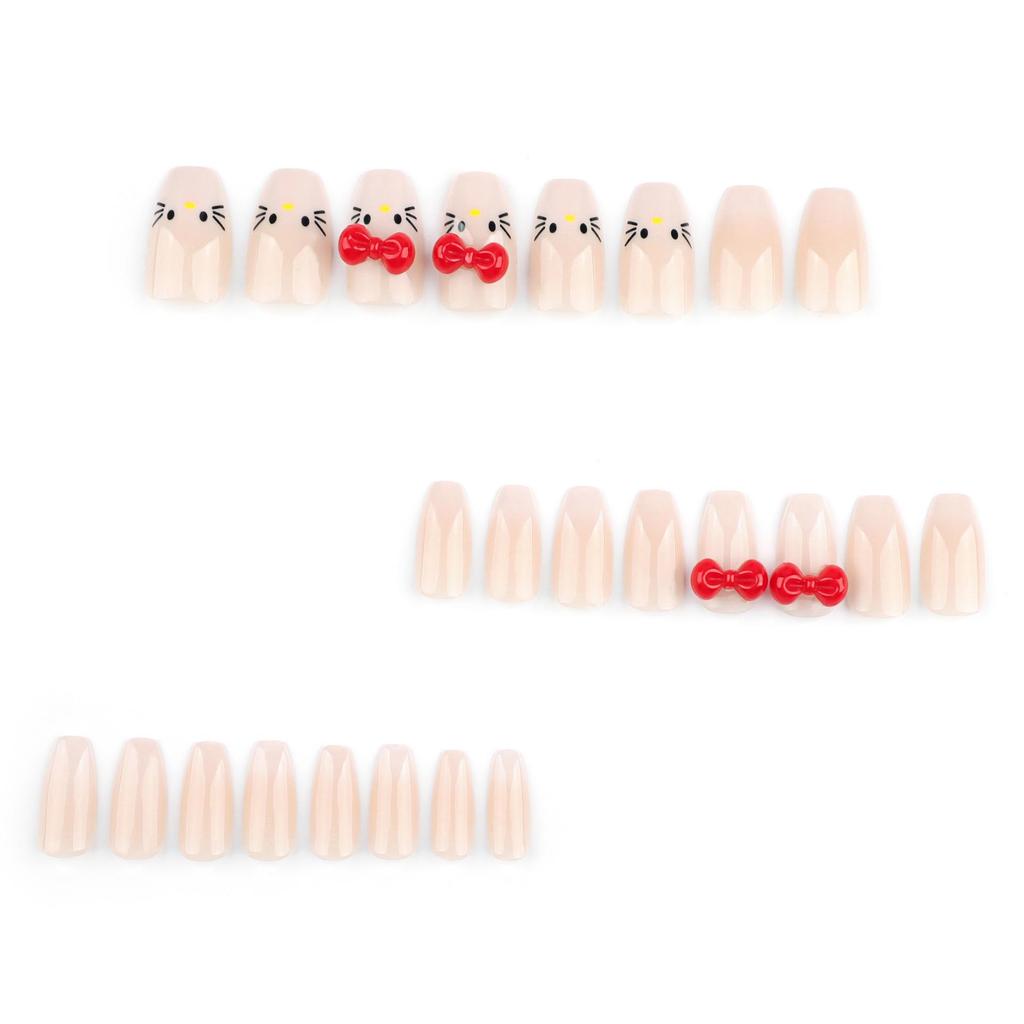 Nude White Gradient Ballet Fake Nails with 3D Cat Bow Design