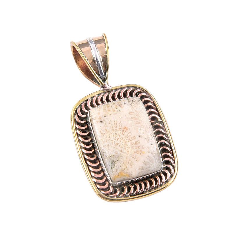Natural Fossil Coral 925 Solid Sterling Silver TwoTone Gift Pendant 1.50" w7a60