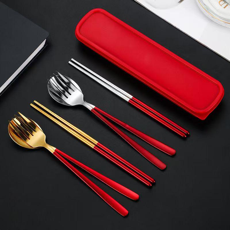 Korean Portable Stainless Steel Cutlery Set: Spoon, Fork & Chopsticks with Travel Box. Custom Logo Option Available.