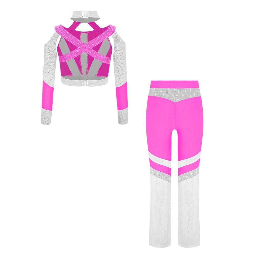 Girls Gymnastics Costume Long Sleeve Shiny Top Rhinestone Color Block Cross Back Flared Pants