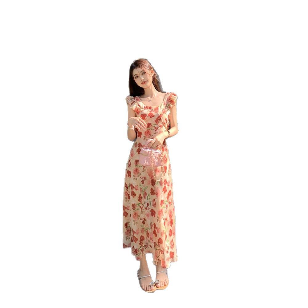 French Retro Floral Dress Women's Summer New Flying Sleeves Design Feeling Waist and Thin A-shaped Long Dress