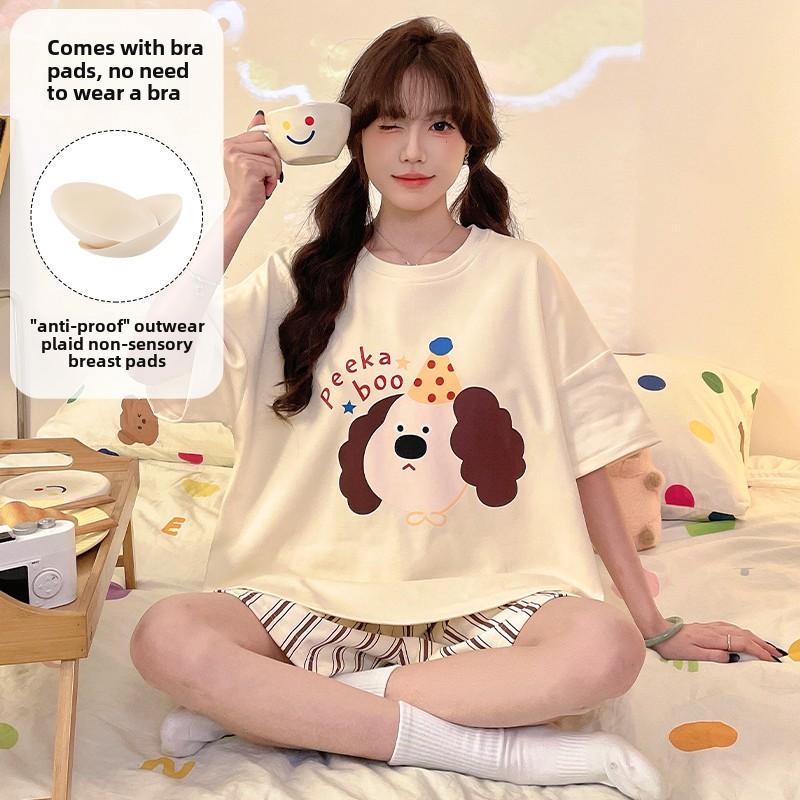 Summer Cute Cartoon Print Pajamas Set for Women Korean Gray Short Sleeve T Shirt+Shorts Sleepwear Female Casual Pyjamas Homewear