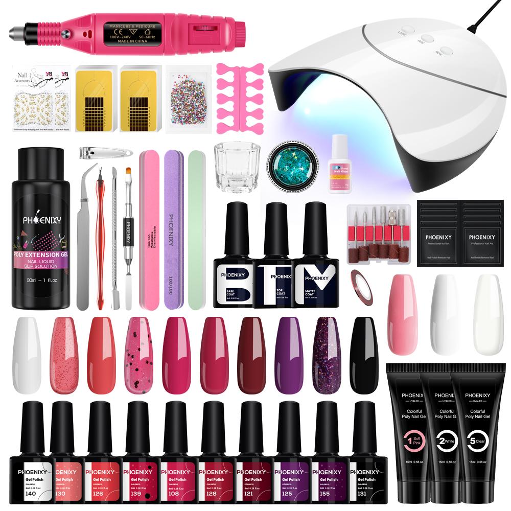 

Набор маникюрных инструментов PHOENIXY, включающий лампу для ногтей мощностью 36 Вт, сушилку для ногтей и фрезу для ногтей, а также набор гель-лаков Polygel для ногтей.