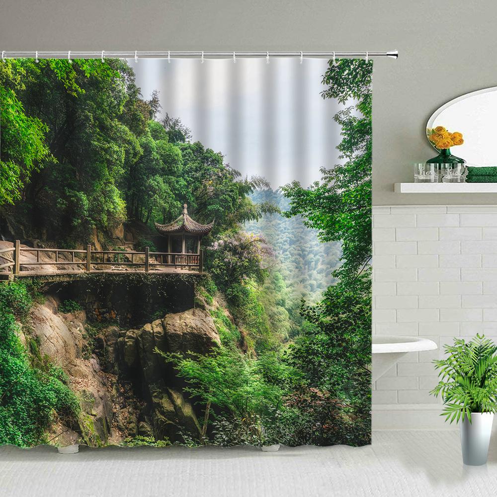 Forest Landscape Shower Curtains Green Tropical Plant Palm Tree Flower Leaves Garden Natural Scenery Bathroom Decor Bath Curtain