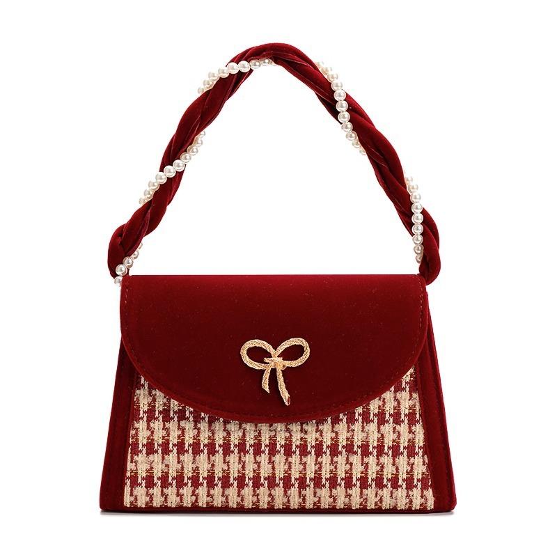 

2025 red niche premium sense thousand bird grid velvet bride bag wedding bag gift daily available messenger bag