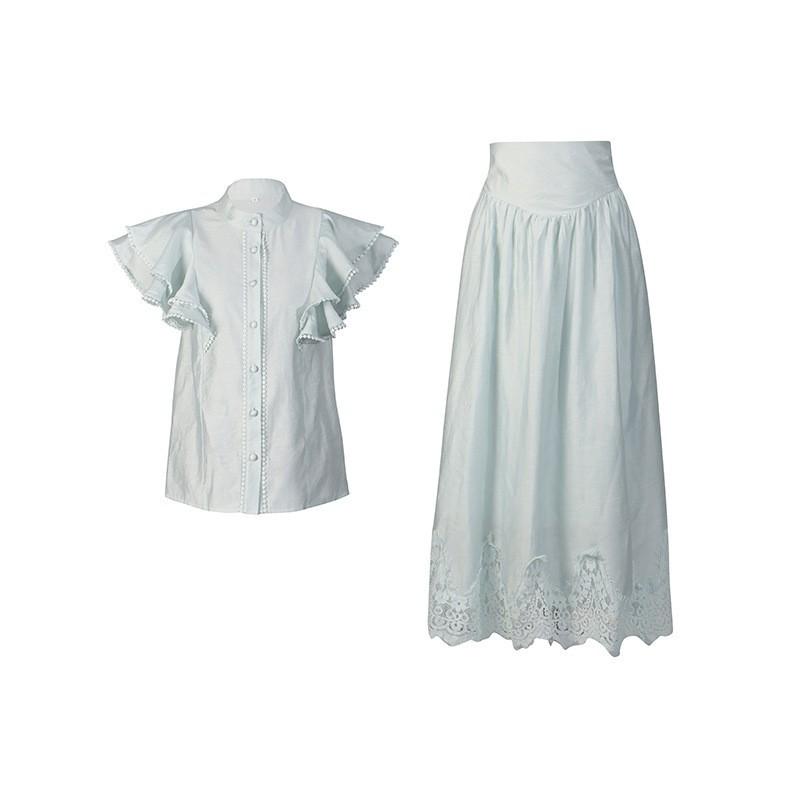 Retro Romantic Dress Set Women's Single-breasted Fly-sleeve Top + High-waist Slimming A-line Skirt