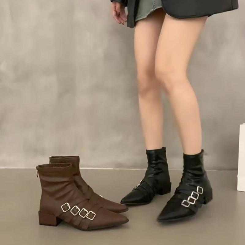 Fashion Rear Zip Block Heel Single Boots Women's Fashion Pointed Toe Metal Belt Buckle Anti-Slip Wear-Resistant Short Shoe