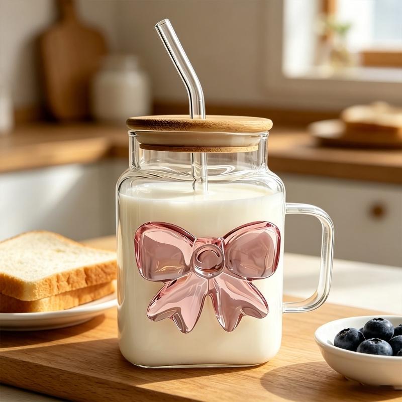 Premium Glass Tumblers With Ergonomic Handle And Straw Wooden Lid For Hot and Cold Drink Juice Coffee Tea Drinking Mug