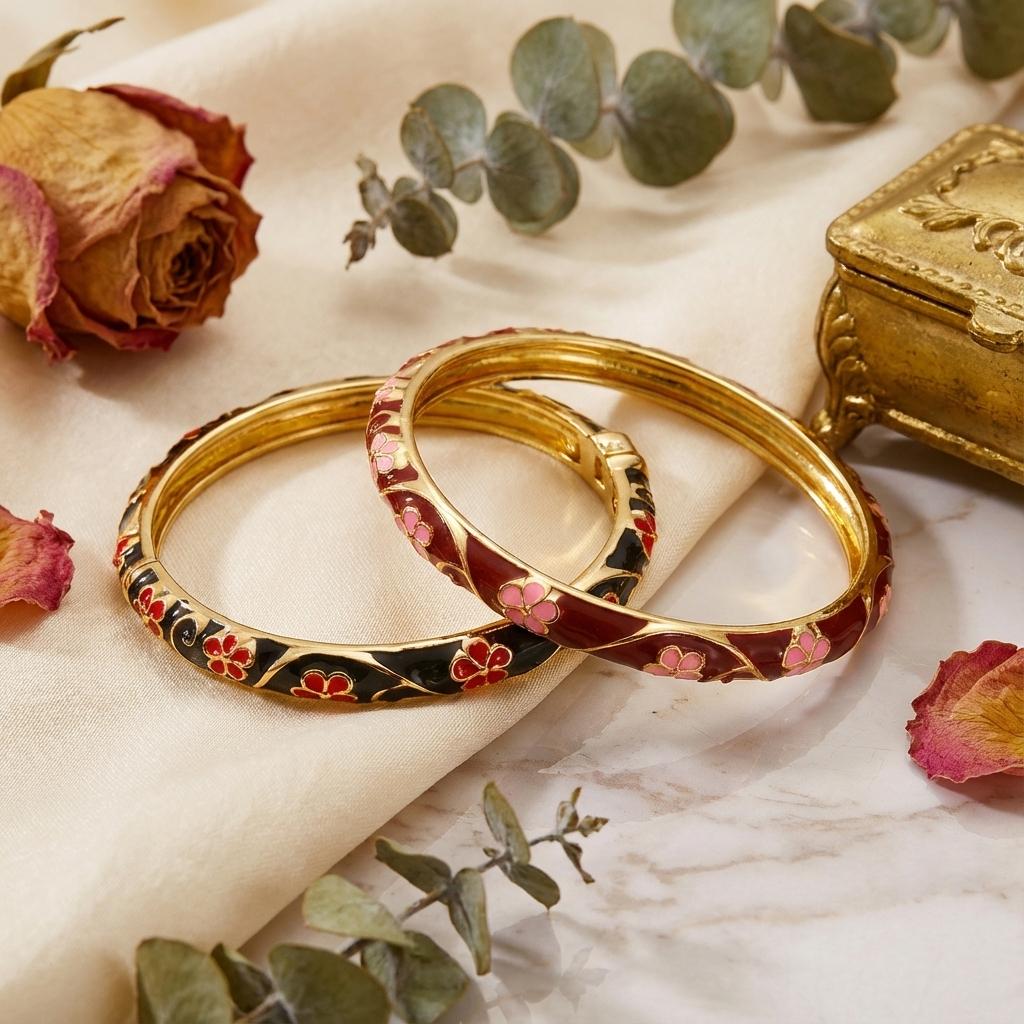Romantic Enamel Flower Bracelet for Women Gold Color Vintage Dripping Oil Red Floral Hand Cuff Bangle Lady Party Travel Jewelry