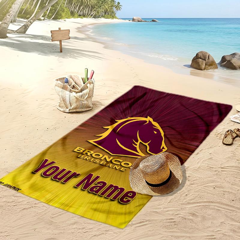 Brisbane Broncos Custom Beach Towel, Print Your Name Text Lightweight Absorbent Towel for Swimming Travel