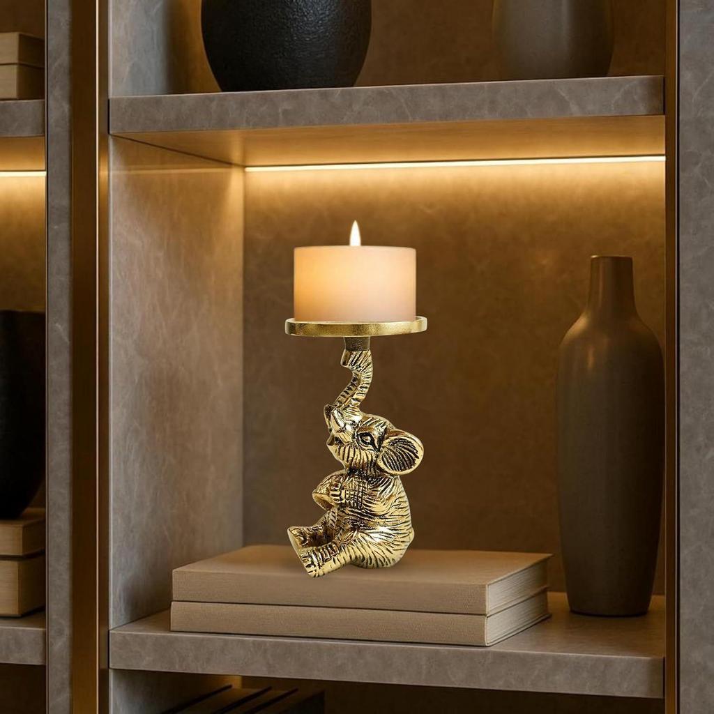 Metal Elephant Pillar Candle Holder Statue, Gold, 8 x 8 Cm Tabletop Home Decor Showpiece House Warming for Men