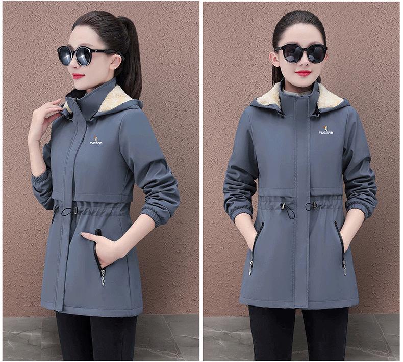 Women's Mid-length Hooded Windproof Fleece-Lined Jacket - Autumn/Winter 2025 Style