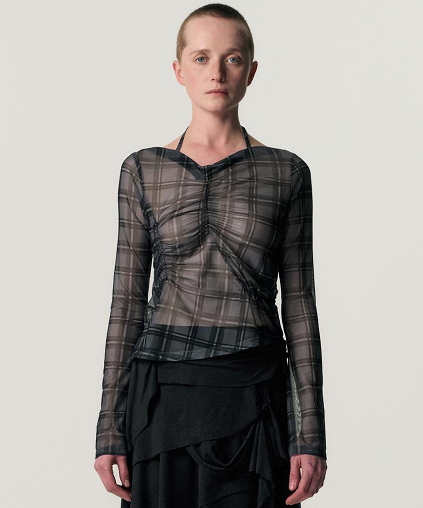 Kimjisu Sheer Plaid Shirring T-Shirt_Grey