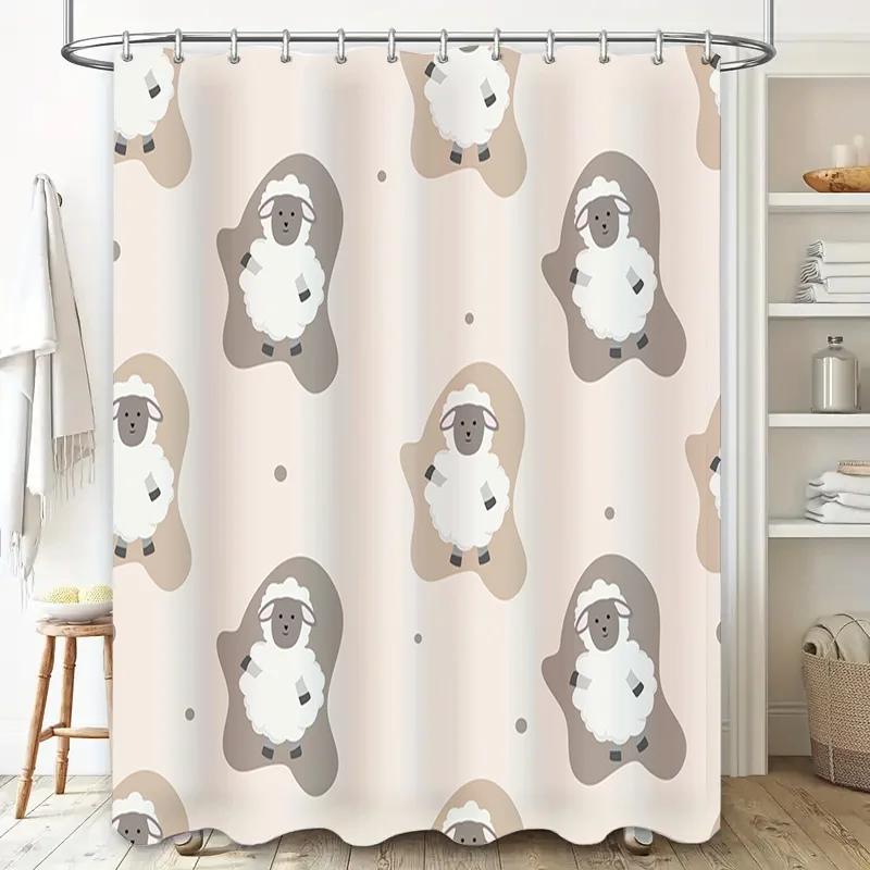 Rozkošný sprchový závěs s potiskem oveček pro dekoraci koupelny Růžová šedá barva Vodotěsná látka s přiloženými háčky Perfektní nápad na dárek