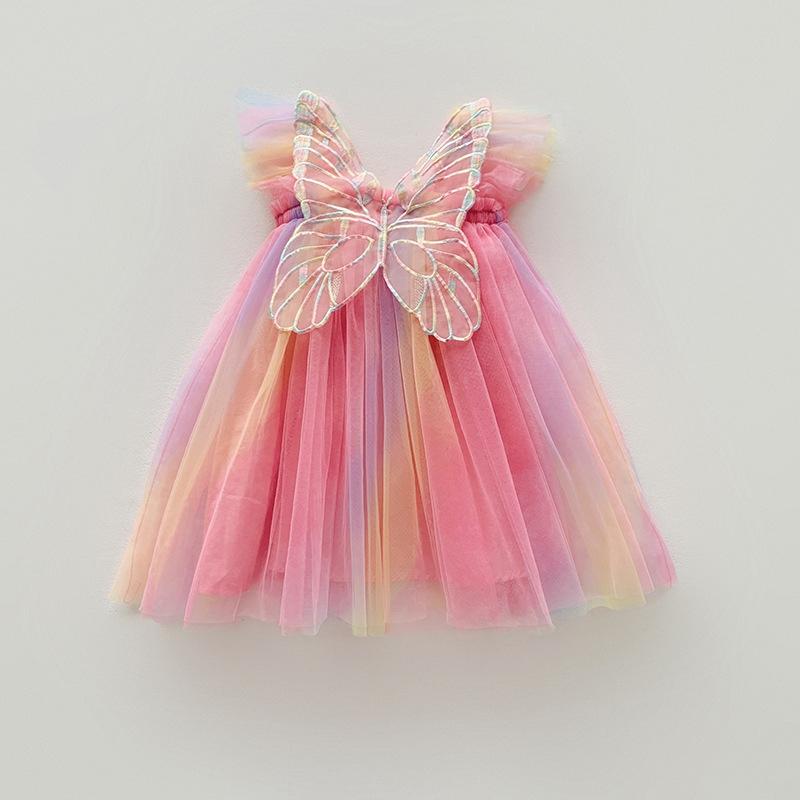 

Baby Girls Dress Wings Flying Sleeves Gauze Dress Rainbow Color Kids Fluffy Princess Dress 80