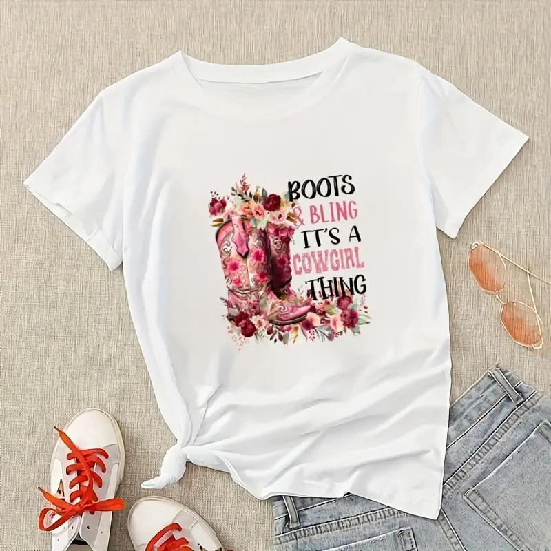 Boots and Bling its a Cowgirl Thing Cute Love Country Life T Shirt Women Pullover Printed T-Shirt Casual Short Sleeve T-Shirt