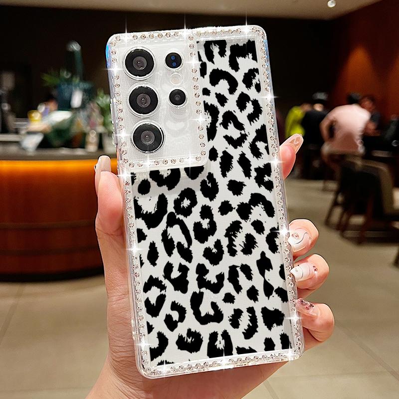 

Прозрачный чехол с леопардовым принтом и блестками для Samsung S25 Edge S24 FE S23 Ultra A56 A36 A16 A15 A55, мягкий силиконовый противоударный чехол для телефона с алмазной рамкой Samsung A56