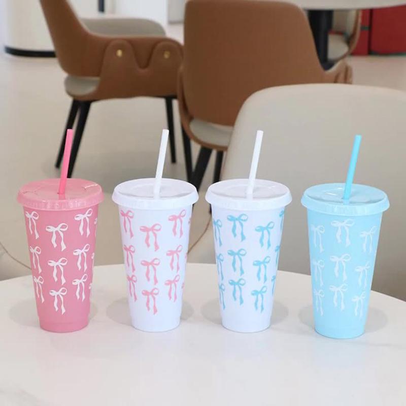 1 Piece Large Capacity Water Bottle Kawaii Bow Water Cup With Lid Straw For Girls Coffee Milk Tea Plastic Cold Drink Cup