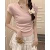 Versatile V-neck design sense waist thin short-sleeved cotton T-shirt women's summer temperament short irregular inner shoulder top