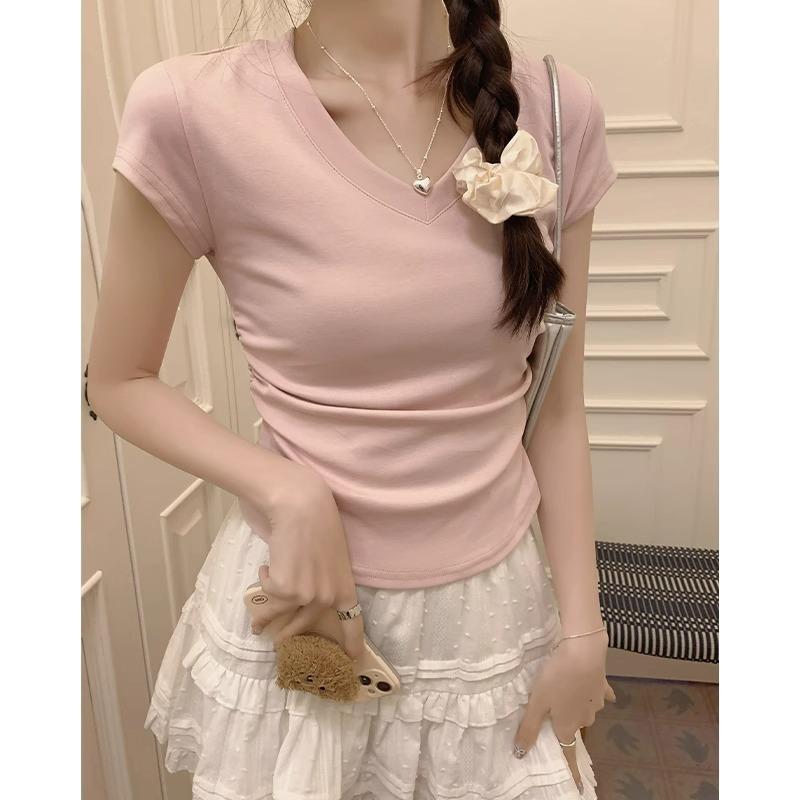 Versatile V-neck design sense waist thin short-sleeved cotton T-shirt women's summer temperament short irregular inner shoulder top