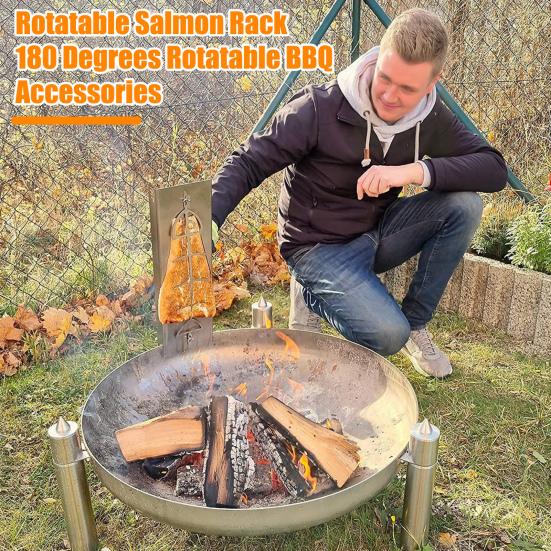 Stainless Steel Salmon Grill Holder 180 Degrees Rotating Fish BBQ Grilling Plate for Camping Backyard Evenly Grilled Meat Rack for Gas Charcoal