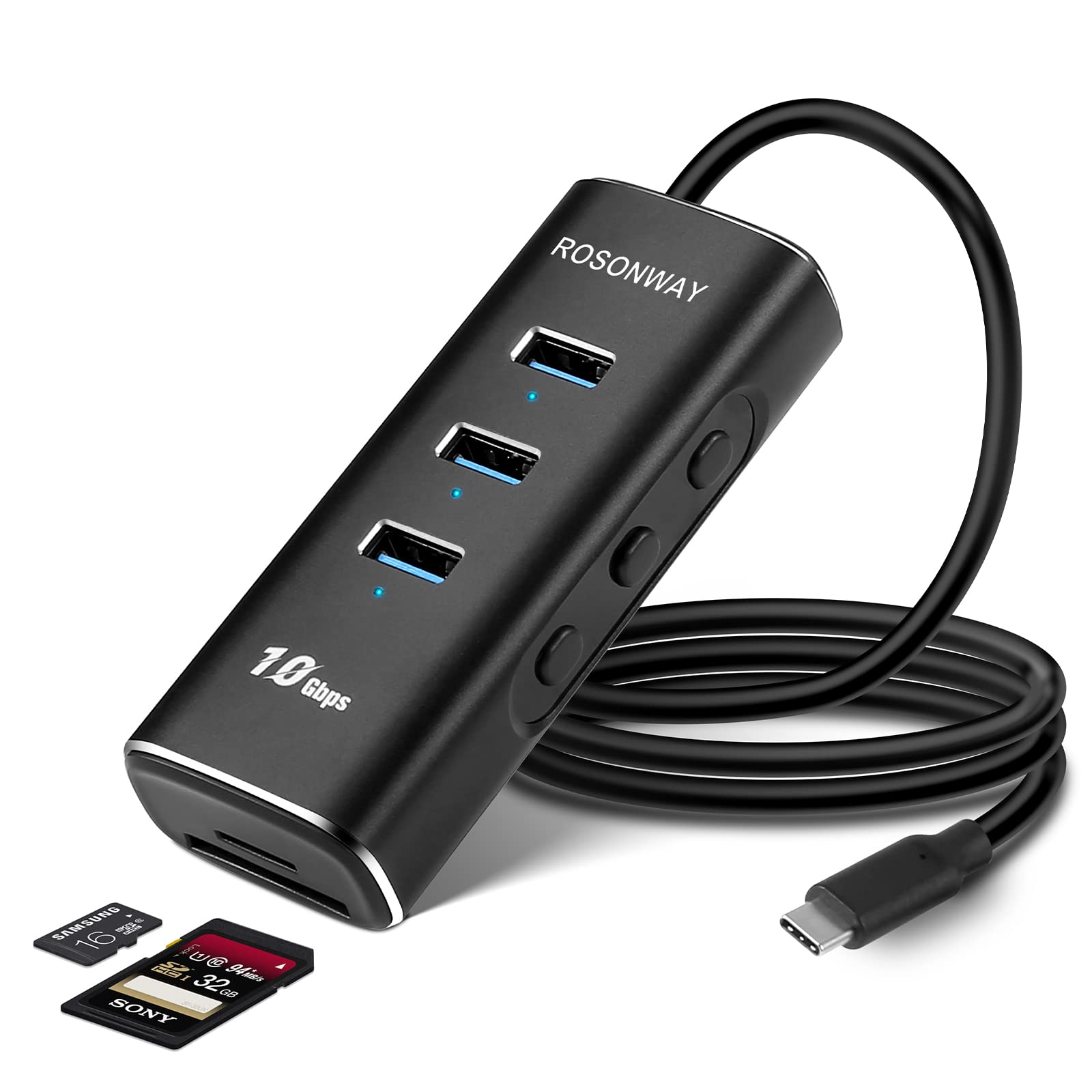 

ROSONWAY USB-хаб Gen 2 10 Гбит/с 5 в 1 USB-хаб 3 порта Type-A Алюминиевый кабель 60 см USB-хаб с независимым переключателем 3.1 Type-C Слот для SD/TF, (RSH-A104D)