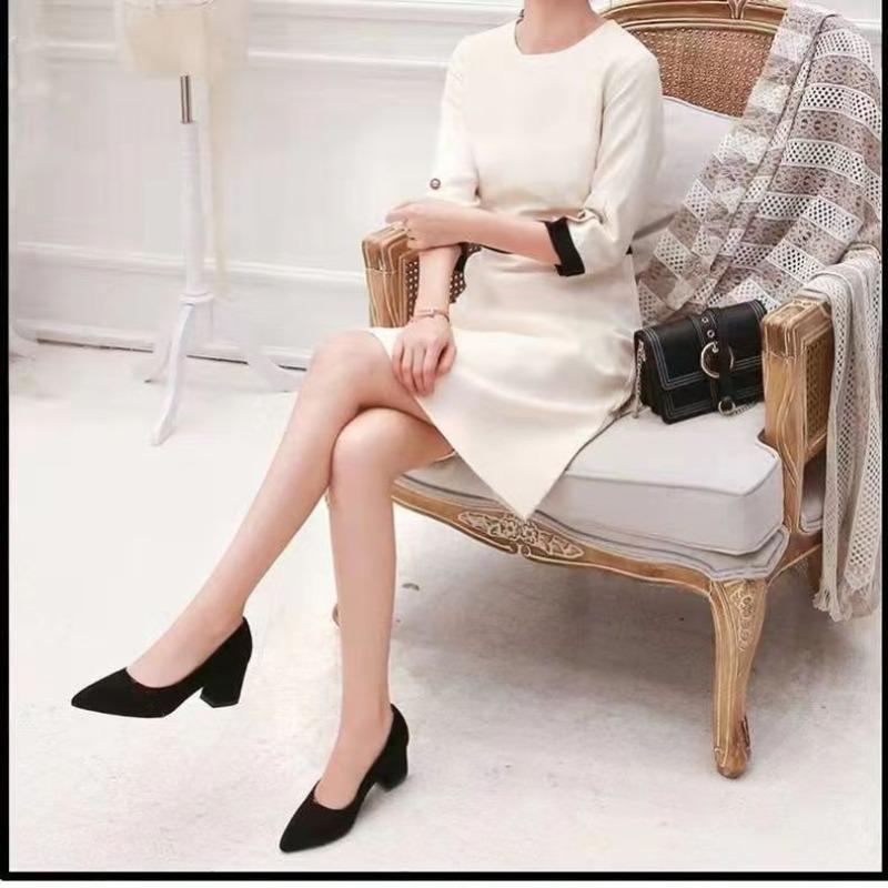 Autumn and winter thick heel single shoes women's medium heel high heels black workplace versatile pointed grandma shoes