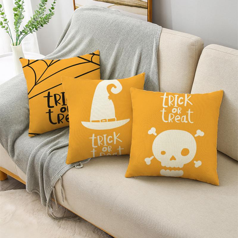Trick Or Treat Yellow Halloween Cartoon Skull Pumpkin Linen Throw Pillowcase Decorative Cushion Cover For Sofa Living Room Party