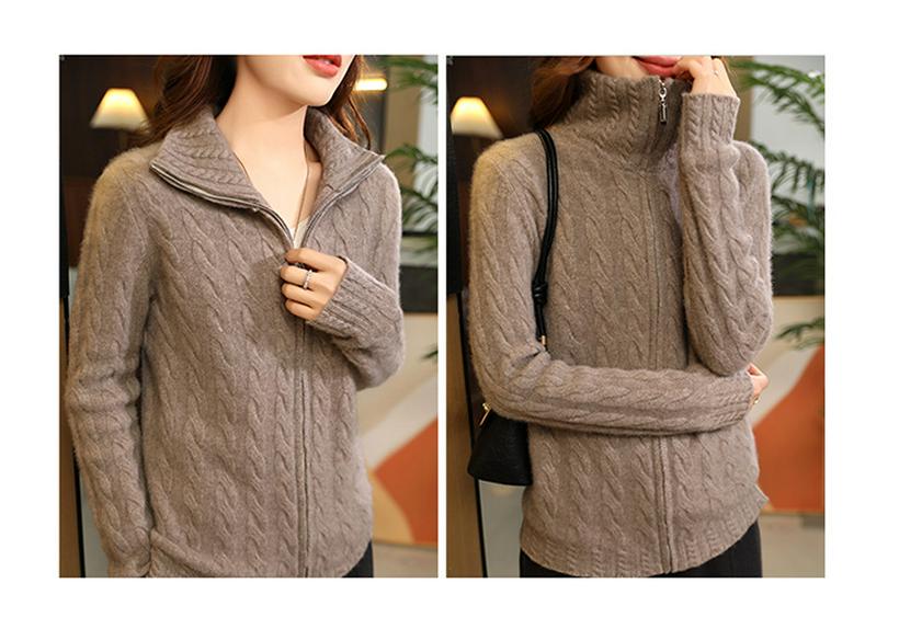 Women's Autumn Thick Wool Cable Knit Cardigan - Lazy Style, Loose Fit, Long Sleeve, Stand Collar Sweater Coat