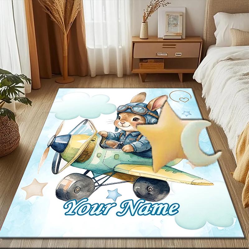 1PC Custom Name Rabbit Pilot Adventure Sky Theme Floor Mat Ideal for Living Room, Game Rooms, Office, Bedroom, Floor Mat Playful Design
