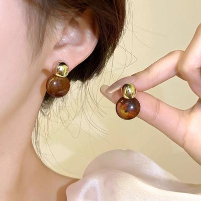 Imitation Amber Color Acrylic Bead Drop Earrings for Women Golden Round Dangle Earrings Geometry Trendy Party Jewelry