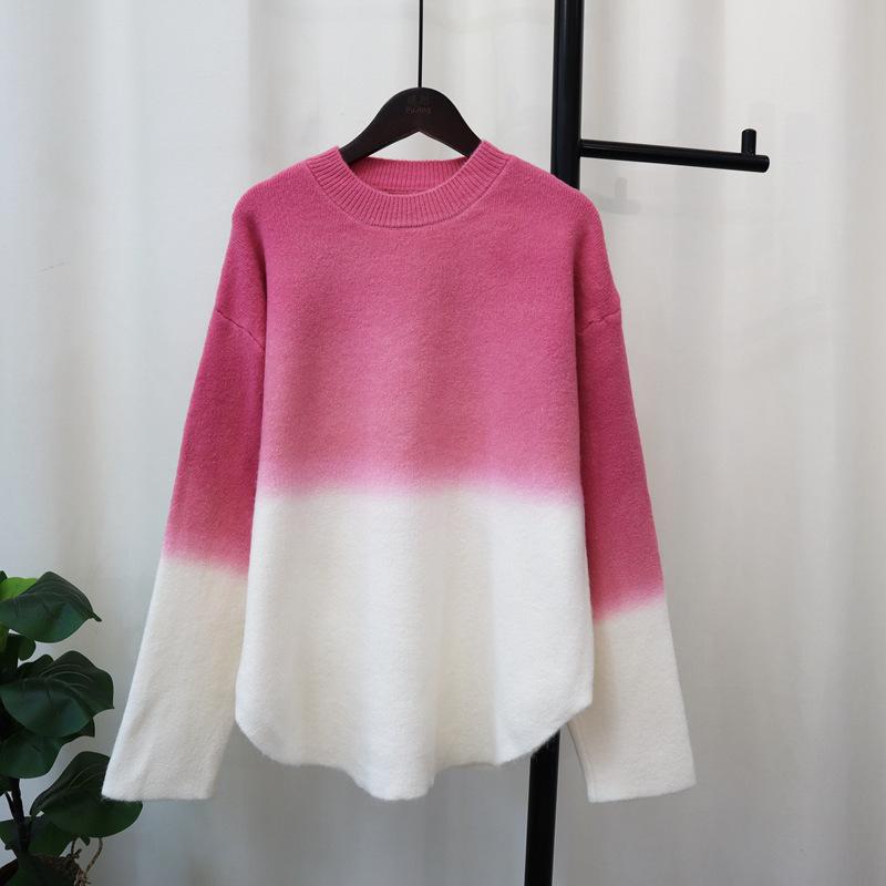 Autumn and winter new design sense gradual change of color sweater pullover women soft waxy loose lazy wind knitted sweater top