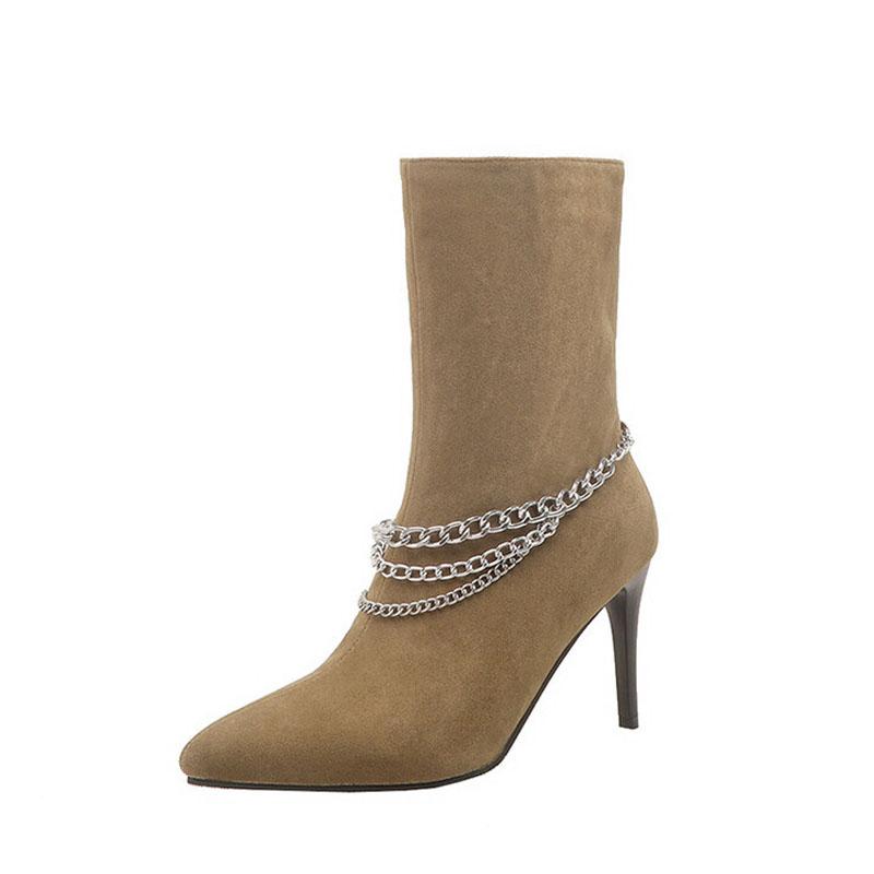Autumn Stiletto High Heels Women's Ankle Boots Metal Chain Design Suede Pointed Toe Women Sexy Shoes Black Apricot Pumps WSH4714
